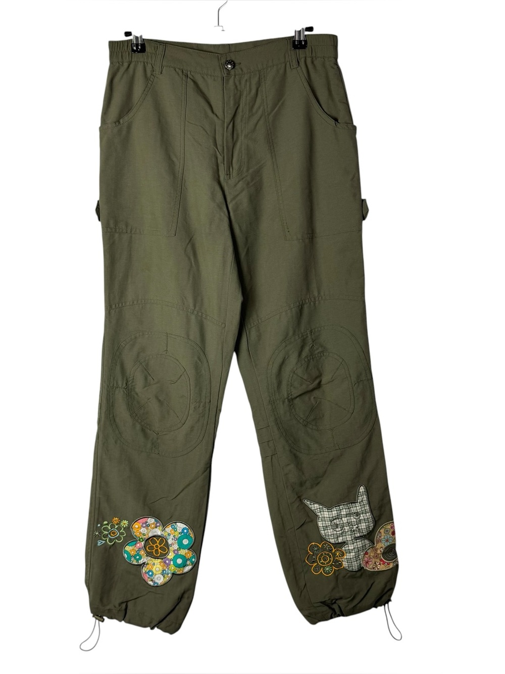 13DE Marzo Green Tapered Leg Cat &‎ Flower Patch Pants S